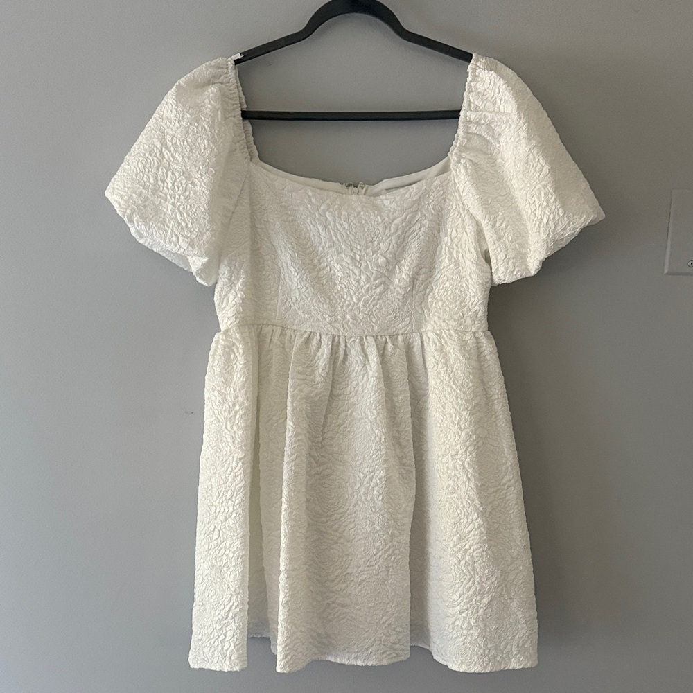 She and Sky White Puff Sleeve Bridal Mini Dress